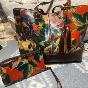 Patricia Nash Floral leather Tote and Clutch Set with Red Accent